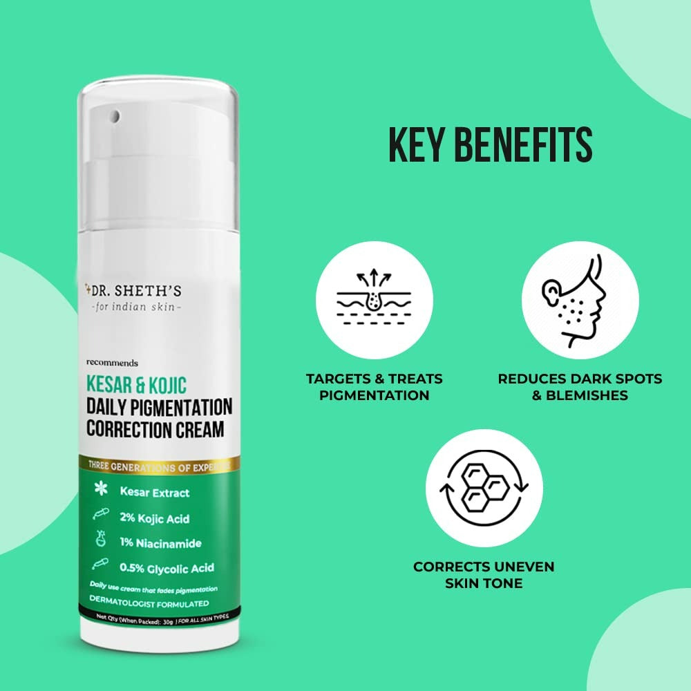 Dr. Sheth's Kesar & Kojic Pigmentation Correction Cream | Niacinamide Formula | Tan Removal