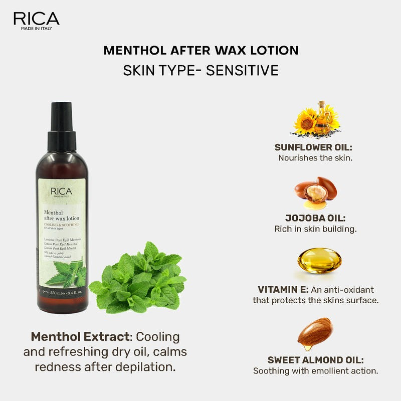 Rica Menthol After Wax Lotion For All Skin Type with Sun flower Oil, Jojoba Oil & Vitamin E