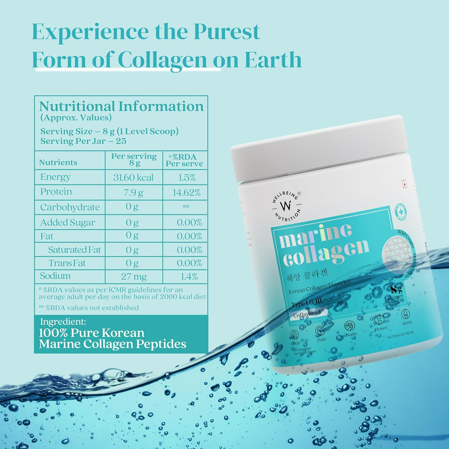 Wellbeing Nutrition Pure Korean Marine Collagen Powder - Unflavoured For Skin, Hair, Nails, Bone & Joint