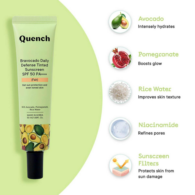 Quench Bravocado SPF 50+ PA++++ Sunscreen Gel With Avocado, Rice Water & Pomegranate, Korean Beauty Main Image