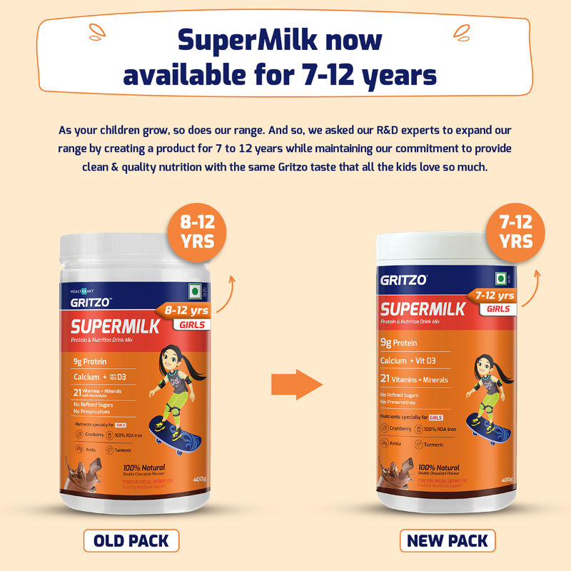 Gritzo SuperMilk Overall Growth (7-12y Girls), Zero Refined Sugar, 21 Vitamins & Minerals