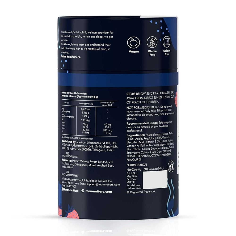 Man Matters Biotin Nourish Hair Gummies With Multivitamins (Sugar Free) - Strawberry Flavor With Zinc & Multivitamins