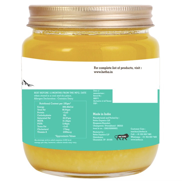 Hetha Himalayan Badri Cow A2 cultured Bilona Ghee / A2 Ghee | Organic and Pure Cow Ghee | Made From Grass Fed A2 Cow's Milk