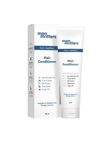 Man Matters Hair Conditioner For Men With Silk protein, Shea butter, Argan Oil, Cocoa Butter, & Saw Palmetto Oil.