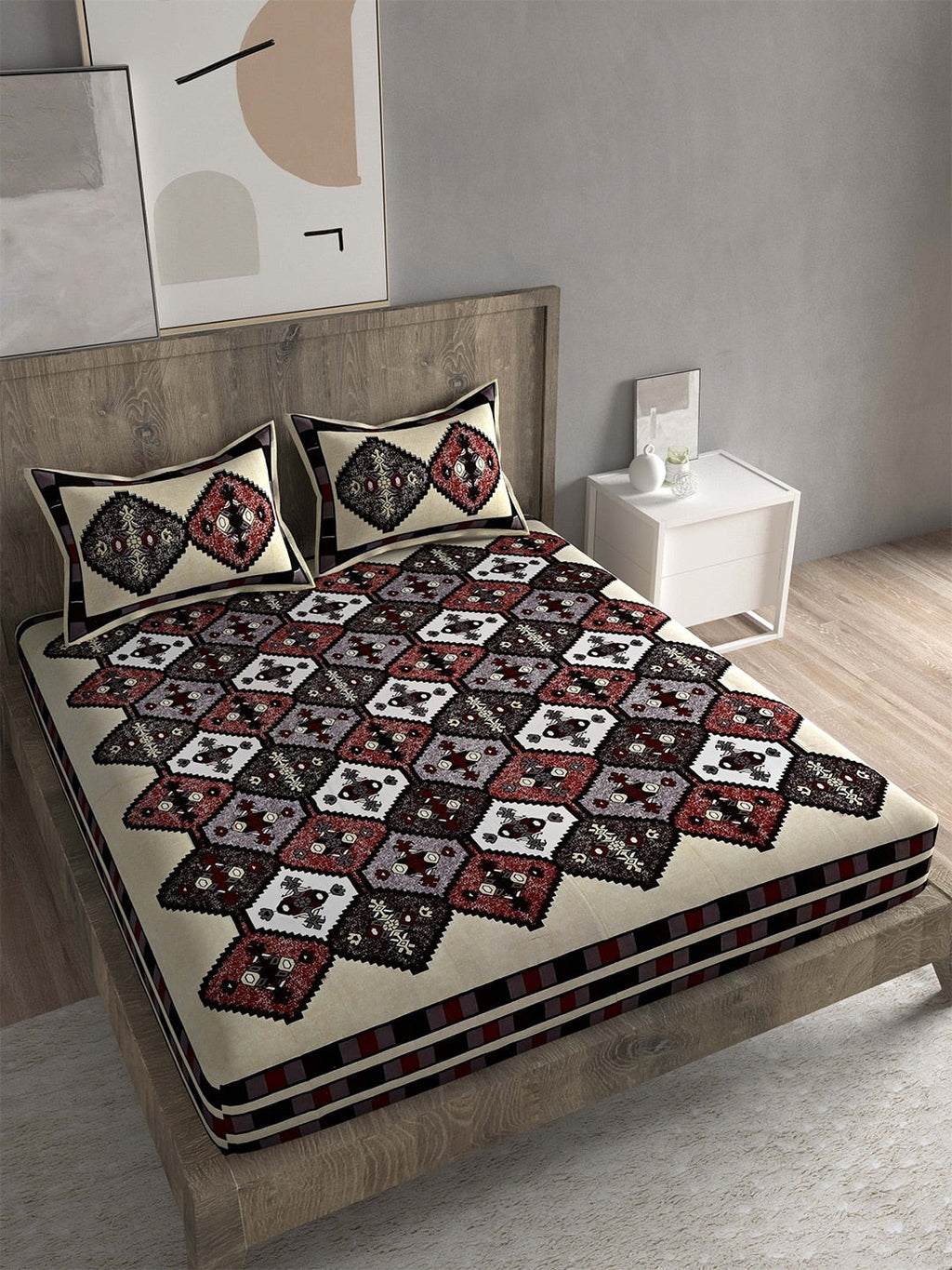 Spangle White & Maroon Ethnic Motifs 260 TC Cotton King Bedsheet with 2 Pillow Covers