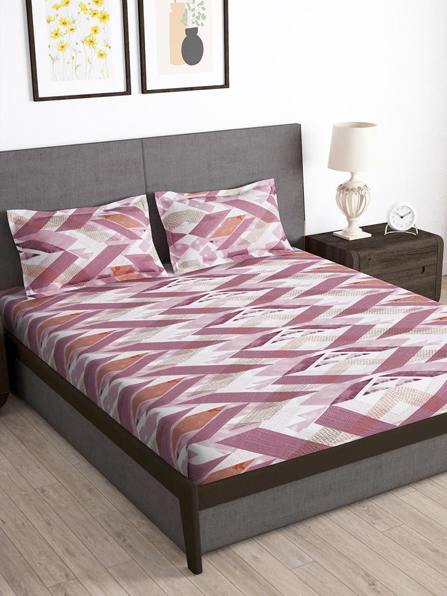 Story@home Arena Pink & White Geometric Printed 180 TC Bedsheet & Pillow Covers Hover Image