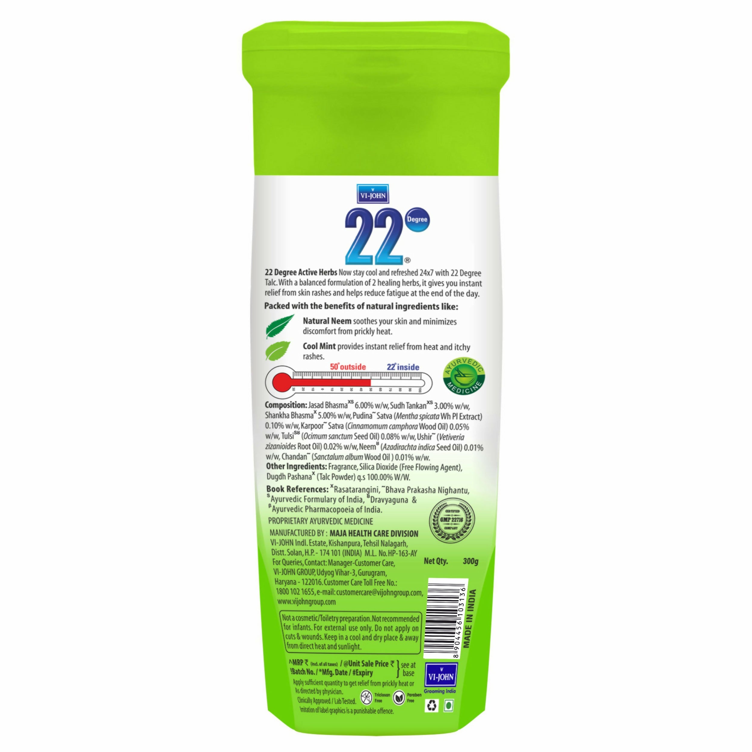 VI-JOHN 22 Degree Cooling Talc Beat the Heat Neem and Mint