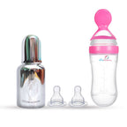 Goodmunchkins Stainless Steel Feeding Bottle & Spoon Food Feeder Anti Colic Silicone Nipple Combo-(Pink,150ml)