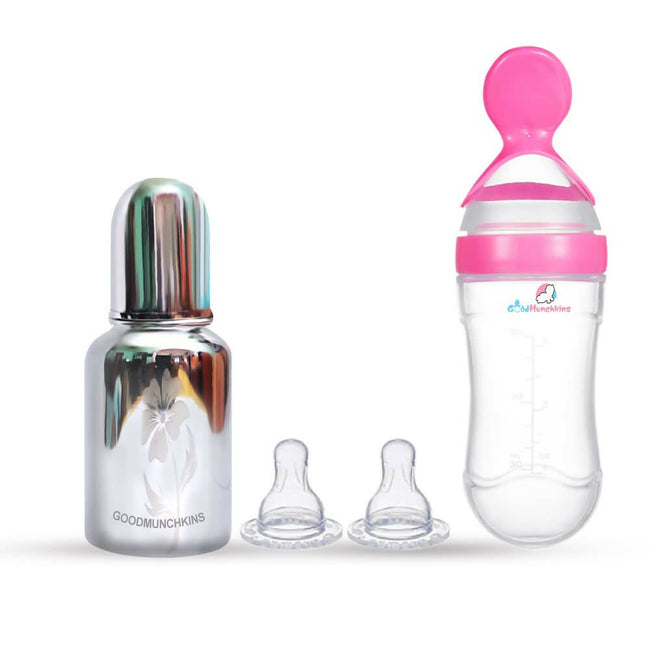 Goodmunchkins Stainless Steel Feeding Bottle & Spoon Food Feeder Anti Colic Silicone Nipple Combo-(Pink,150ml) Hover Image