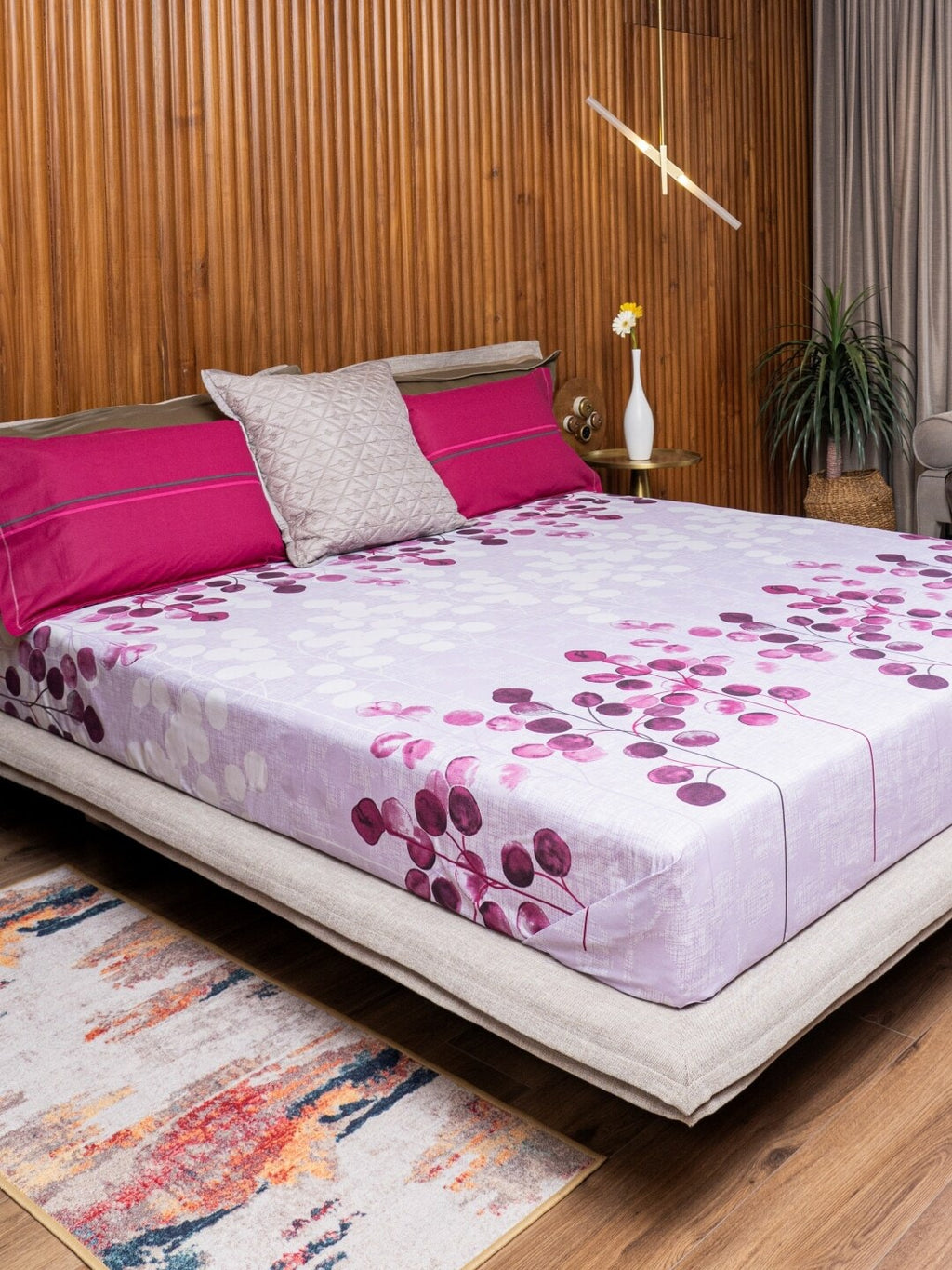 URBAN SPACE Divine Purple Floral 144 TC Pure Cotton Queen Bedsheet With 2 Pillow Covers