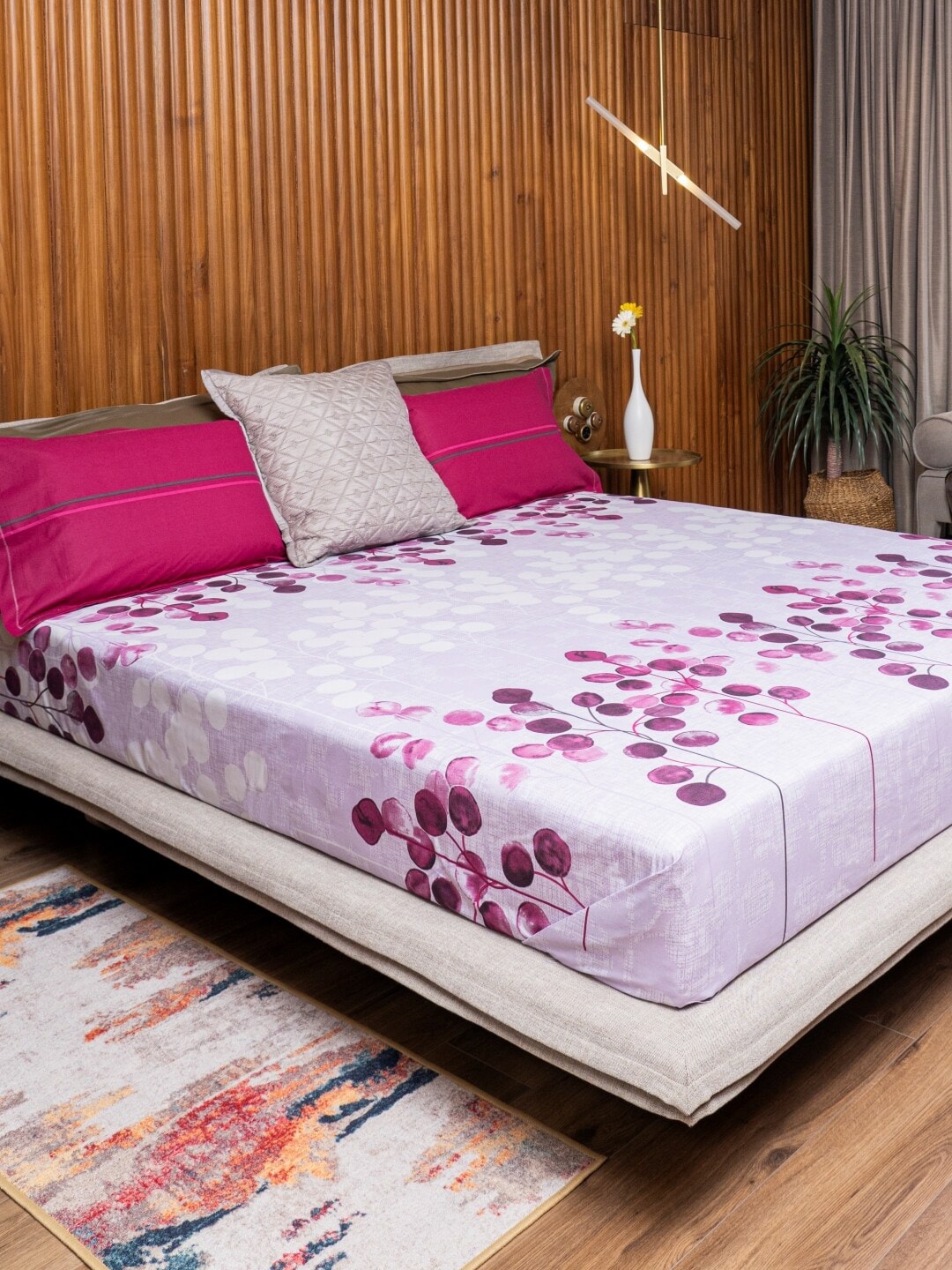 URBAN SPACE Divine Purple Floral 144 TC Pure Cotton Queen Bedsheet With 2 Pillow Covers