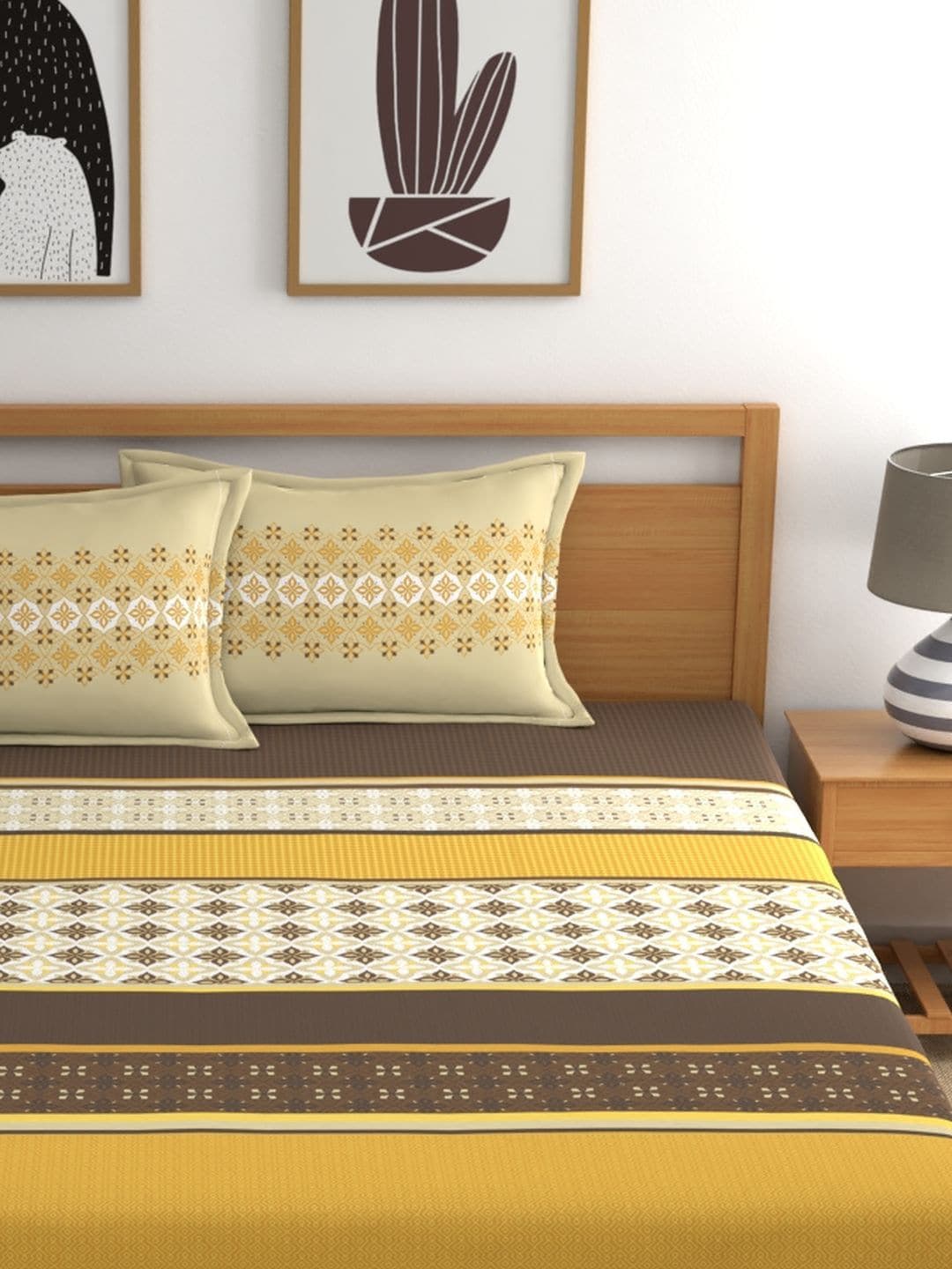 Home Ecstasy Mustard & Cream Ethnic Motifs 140TC Bedsheet With Pillow Covers