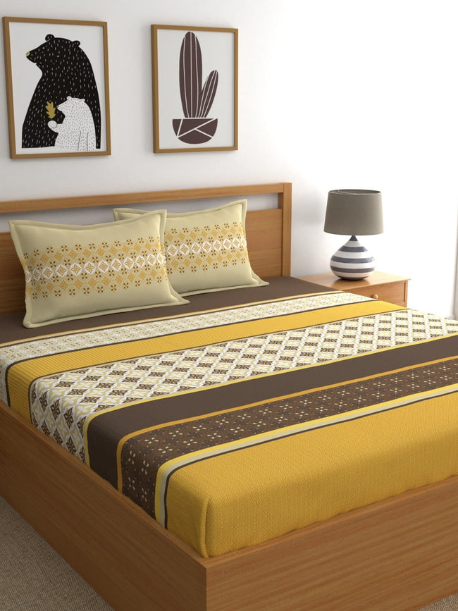Home Ecstasy Mustard & Cream Ethnic Motifs 140TC Bedsheet With Pillow Covers Hover Image