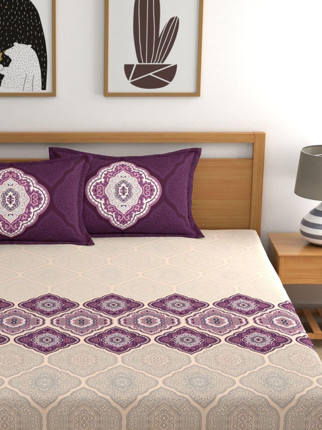 Dreamscape Purple & Cream-Coloured 144 TC Bedsheet with Pillow Covers
