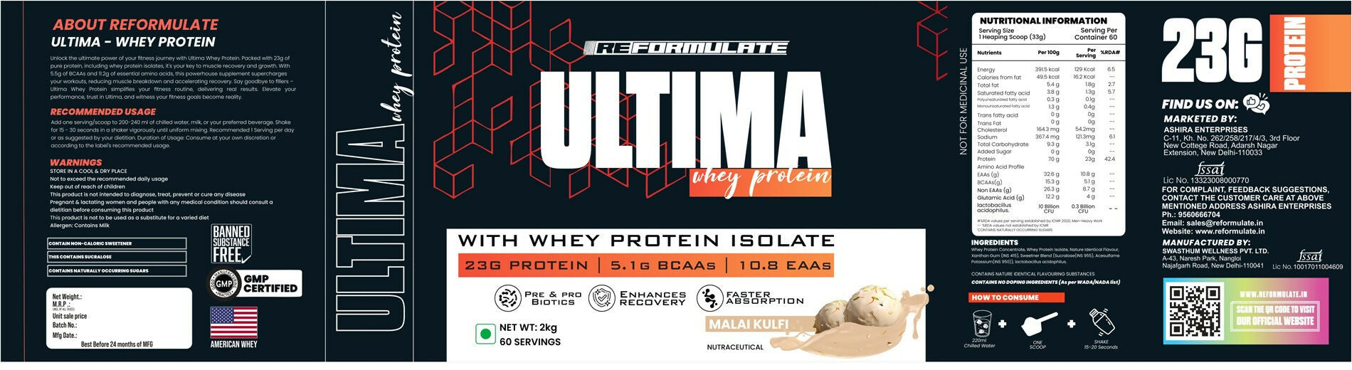 Reformulate Ultima I Whey Protein with Isolate I 23 G Protein I 5.1G BCAA I 10.8 EAA I Pre & Probiotics - Malai