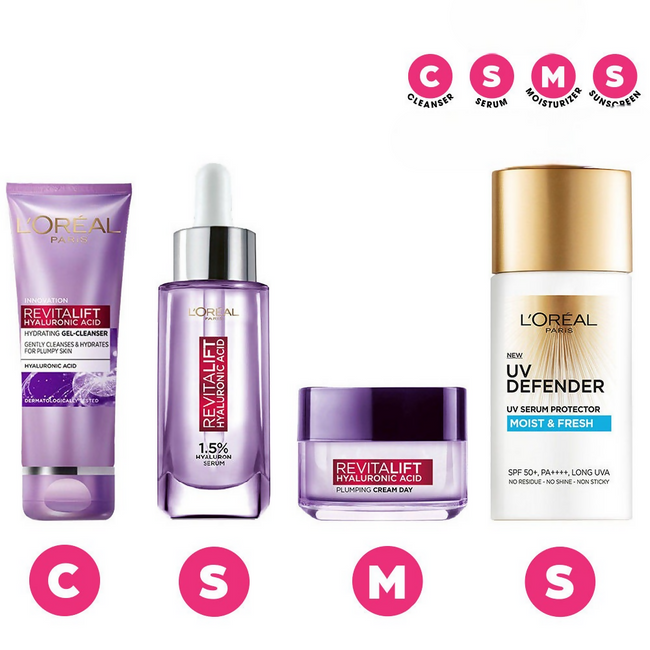 L'Oreal Paris Hyaluronic Acid Hydrating And Protecting CSMS (Cleanser, Serum, Moisturizer, Sunscreen) Regime Kit Main Image