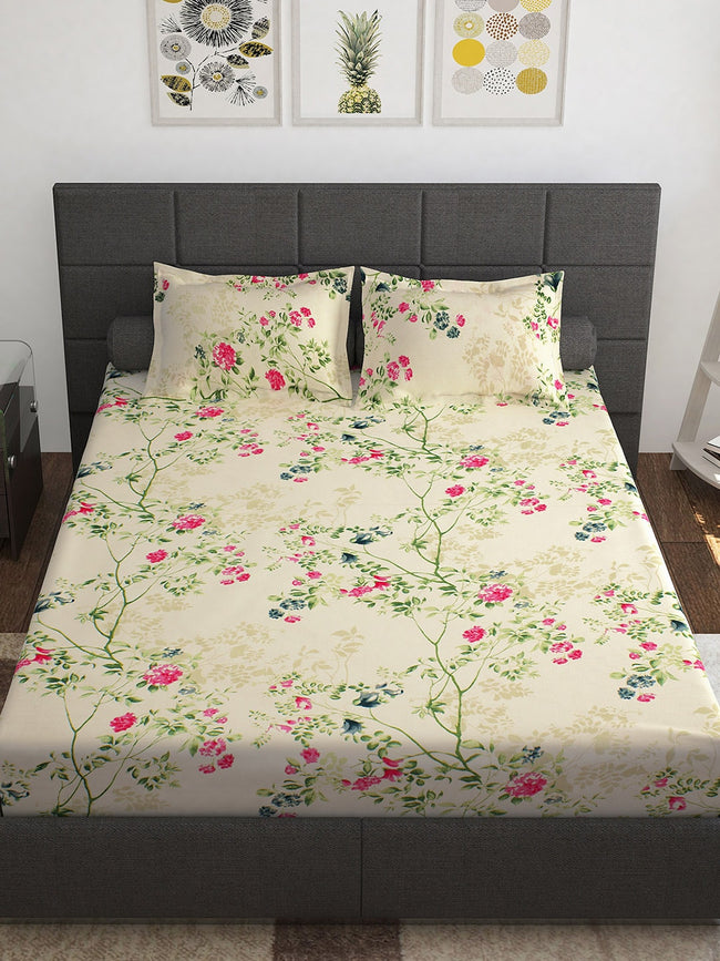 Story@home Ventura Cream & Green Floral 152 TC Cotton Queen Bedsheet with 2 Pillow Covers Main Image