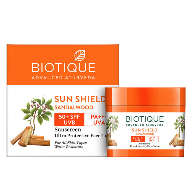 Biotique Advanced Ayurveda Sun Shield sandalwood 50+SPF UVB Sunscreen Hover Image