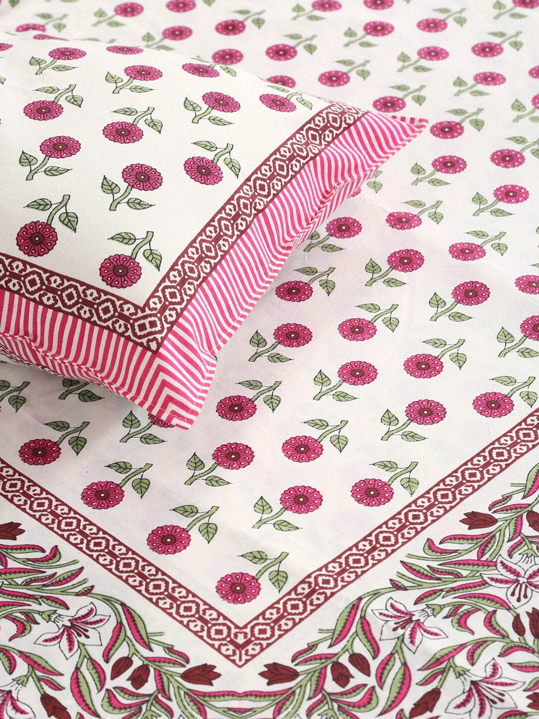 Rajasthan Decor White & Pink Ethnic Motifs 144 TC King Bedsheet with 2 Pillow Covers