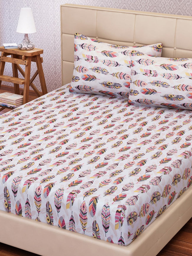 SEJ by Nisha Gupta White & Pink 144 TC Cotton King Bedsheet with 2 Pillow Covers Hover Image