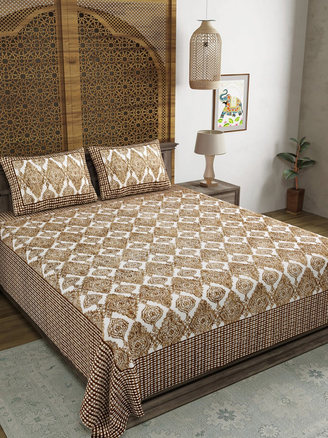 Sangria Brown & White Printed Cotton 210TC Double King Bedsheet With 2 Pillow Covers Hover Image