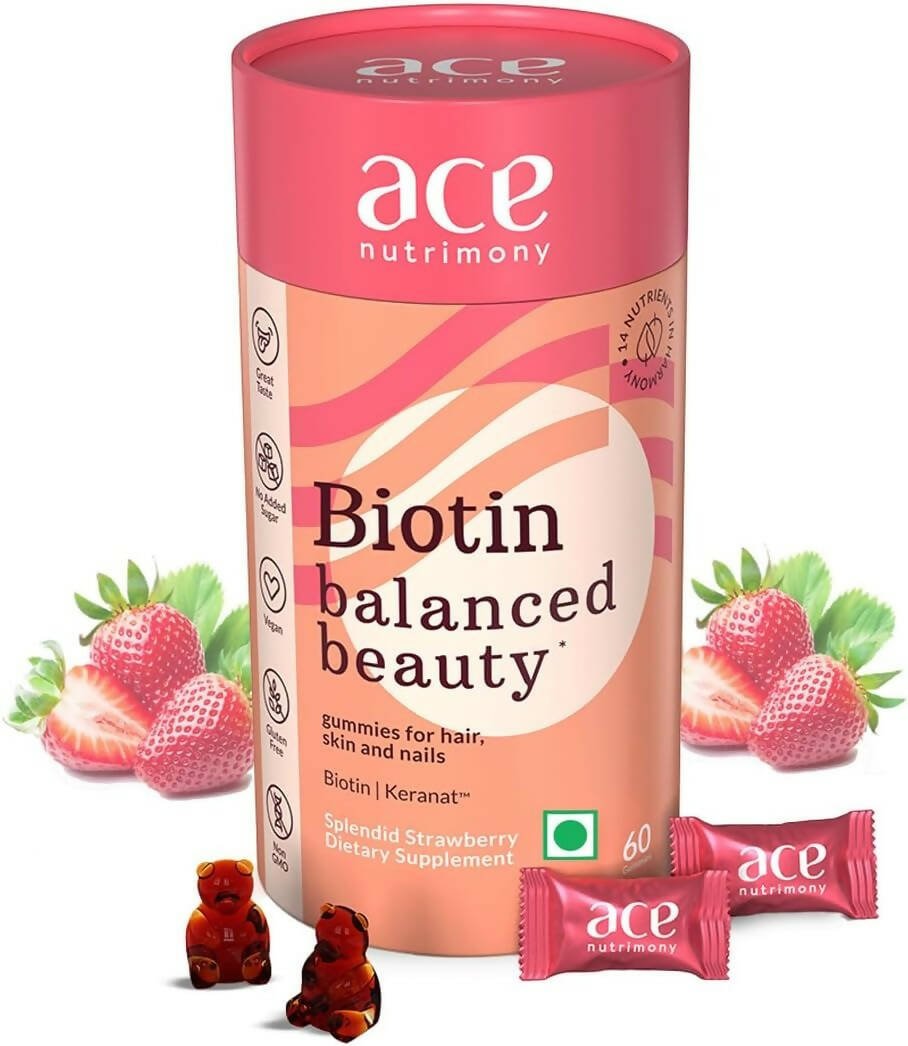 Ace Nutrimony Biotin Balanced Beauty Hair Gummies for Skin and Nails with Clinically Proven Keranat, Biotin - Strawberry