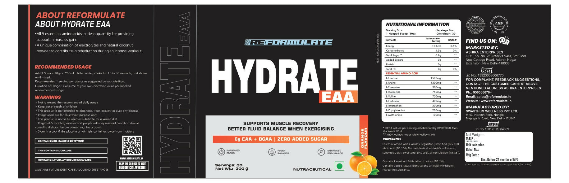 Reformulate Hydrate EAA I Supports Muscle Recovery | Zero Added Sugar | Improved Focus I Fluid Balance - Orange