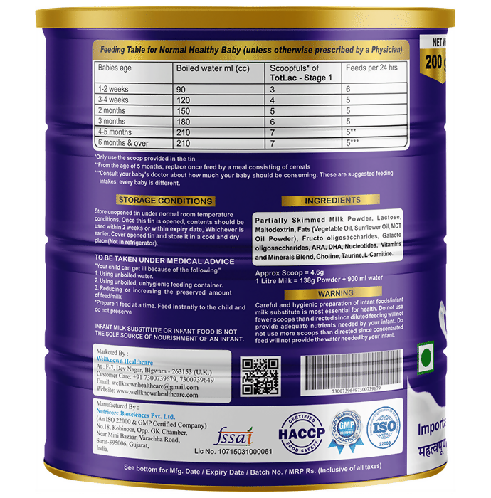 Wellknown Healthcare Totlac Plus Baby Milk Powder Stage 1, Upto 6 Months