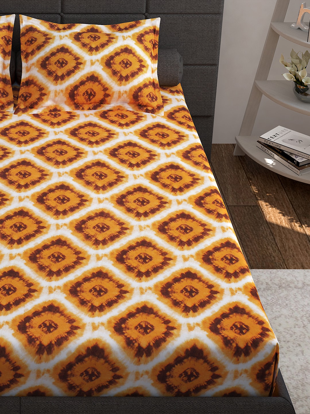 Story@home Unisex Yellow Geometric Cotton 152 TC 1 King Size Bedsheet with 2 Pillow Covers