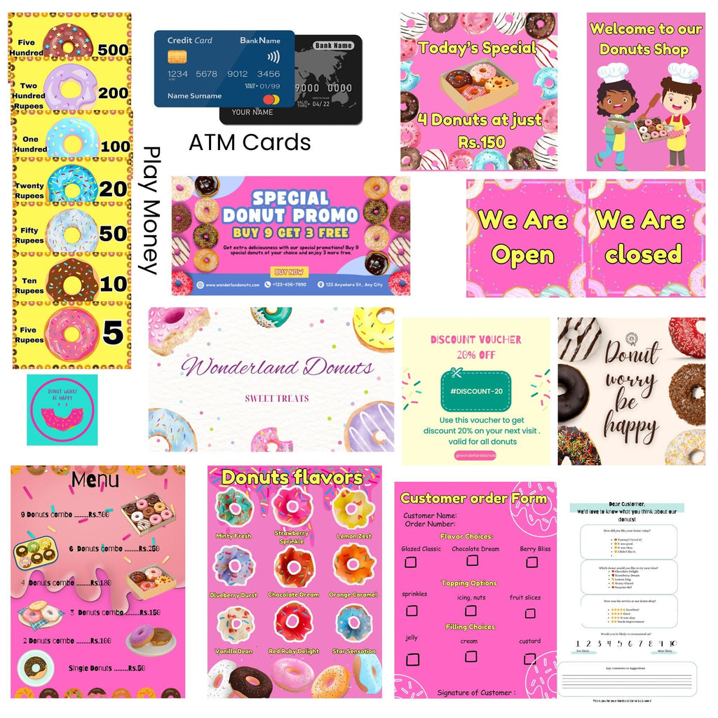 The Small Wonderland Pretend Play Donut Shop Set – 12 Colorful Fabric Donuts with Play Menu, ATM Cards, Money, and Shop Poster