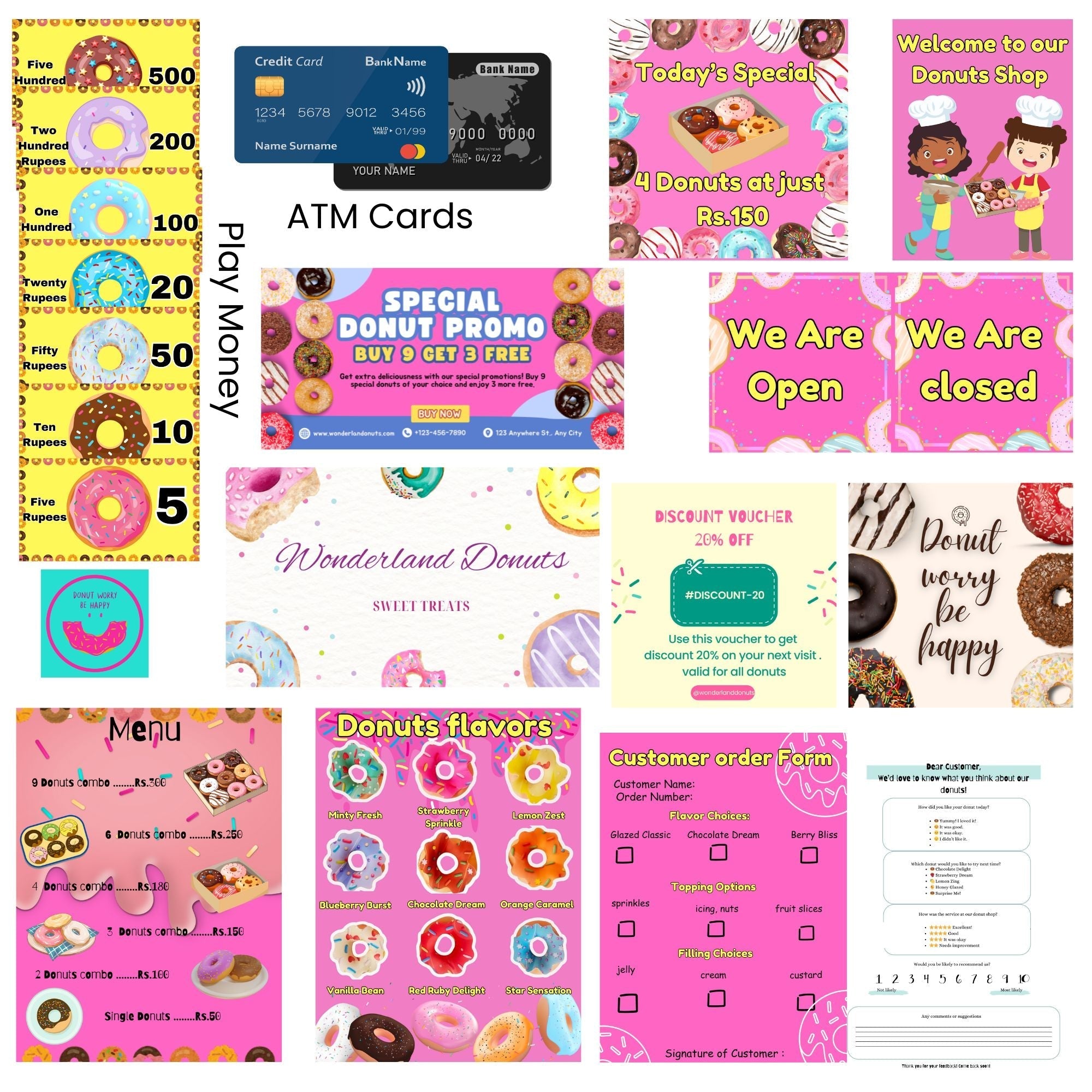 The Small Wonderland Pretend Play Donut Shop Set – 12 Colorful Fabric Donuts with Play Menu, ATM Cards, Money, and Shop Poster