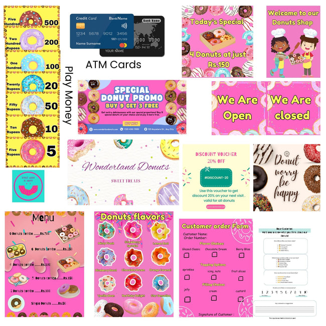 The Small Wonderland Pretend Play Donut Shop Set – 12 Colorful Fabric Donuts with Play Menu, ATM Cards, Money, and Shop Poster Main Image