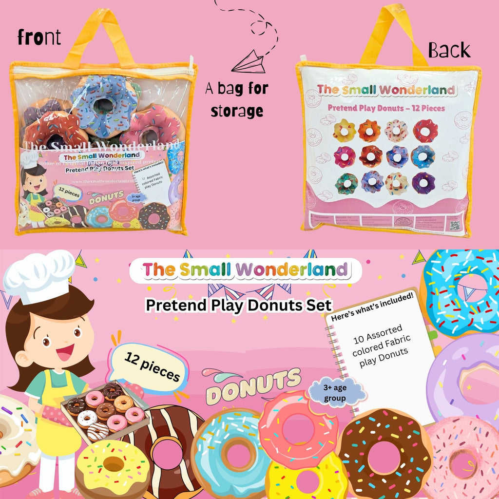 The Small Wonderland Pretend Play Donut Shop Set – 12 Colorful Fabric Donuts with Play Menu, ATM Cards, Money, and Shop Poster