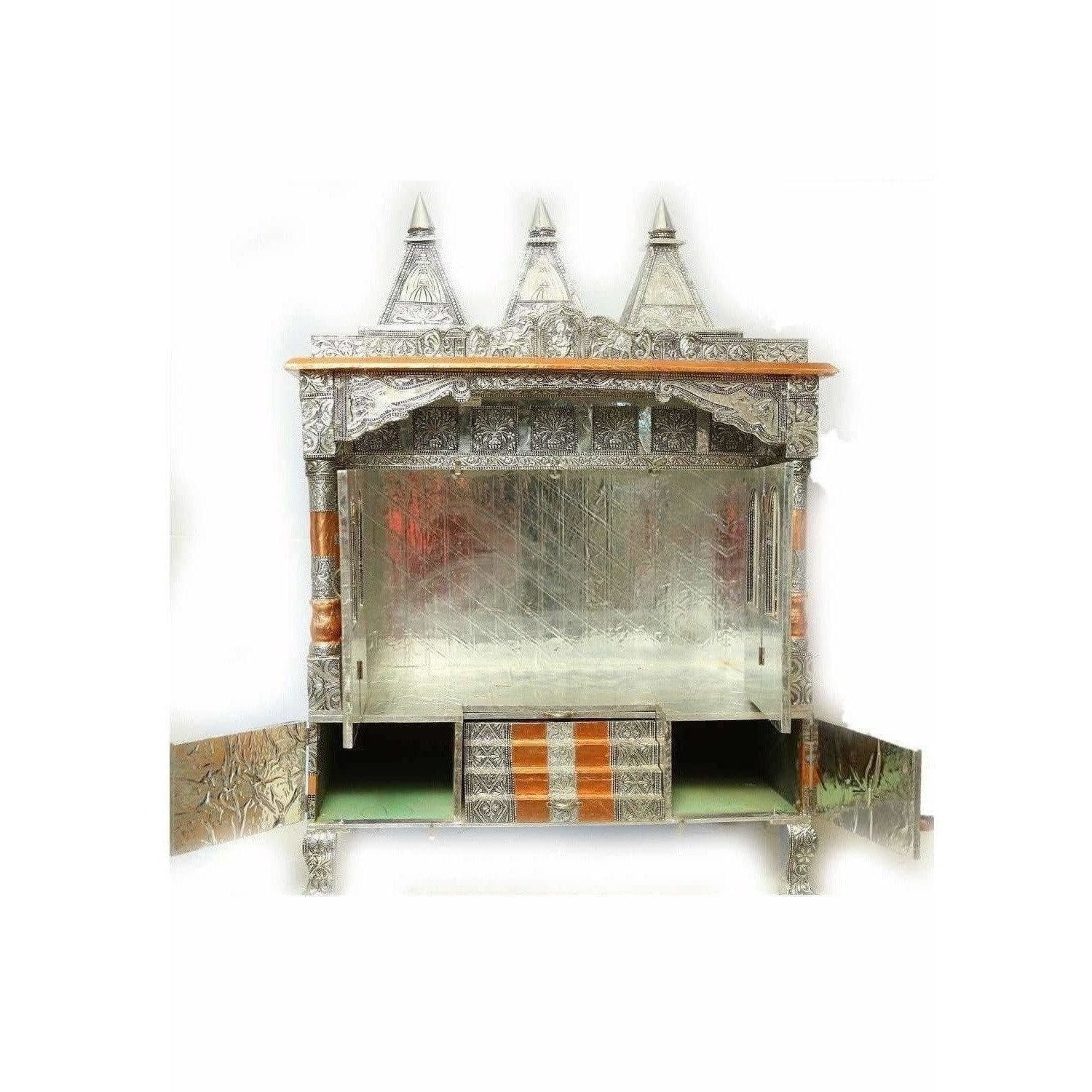 Silver Coated 4 Door with 3 Monument Towers Silver Pooja Mandir / Silver Pooja Mandiram