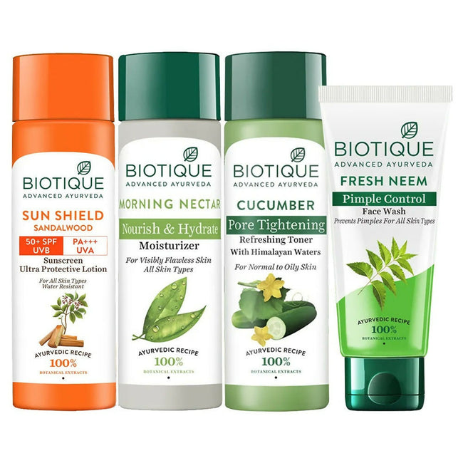 Biotique Skincare Routine Cleanser, Toner, Moisturizer & Sunscreen Combo Hover Image