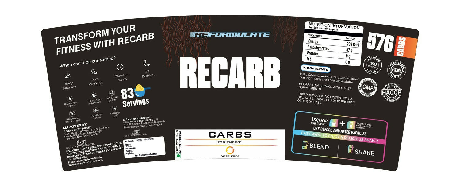Reformulate Recarb I Carbs I 239 Energy I Nutraceutical - Unflavoured