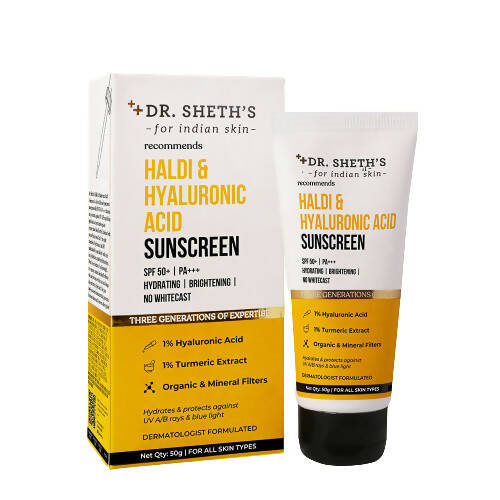 Dr. Sheth's Haldi & Hyaluronic Acid Sunscreen SPF 50+ | UVA/UVB & Blue Light Protection | Hydrating
