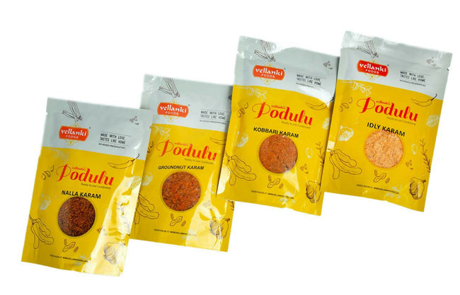 Vellanki Foods Powders 4 Pack Combo (Each 250 gm) - Nalla Karam, Idli Karam, Kobbari Karam, Palli Karam Main Image