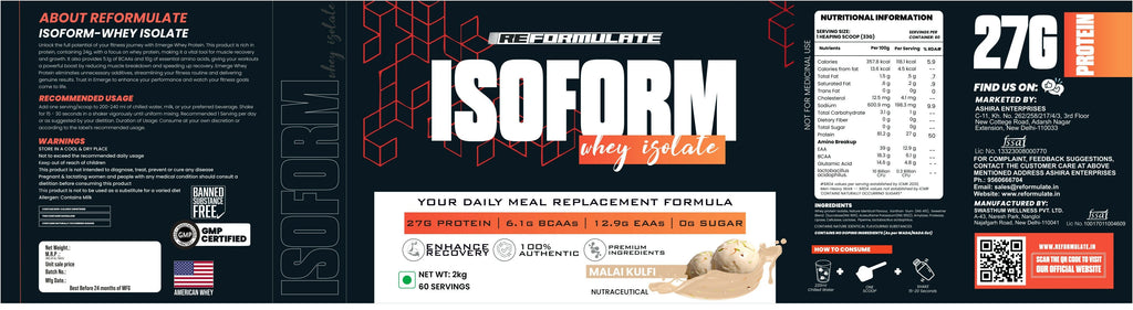 Reformulate I Isoform I Whey Isolate I Your Daily Meal Replacement Formula I 27G Protein | 6.1G BCAA | 12.9G EAA | O g Sugar - Malai Kulfi
