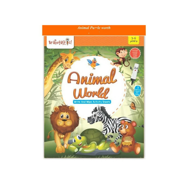 Braintastic Educational Game (3-6 yrs):Animal World / Kids Toys/Write & Wipe Activity Sheets/ Free 12 pc Puzzles Hover Image
