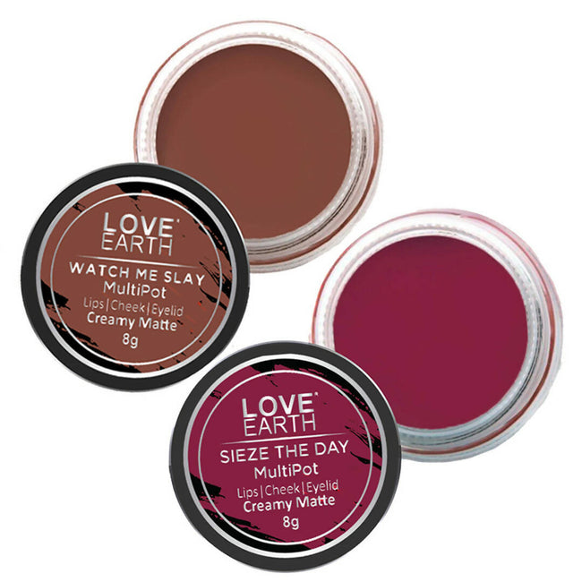 Love Earth Lip Tint & Cheek Tint Multipot Combo Raspberry Pink & Caramel Brown Hover Image