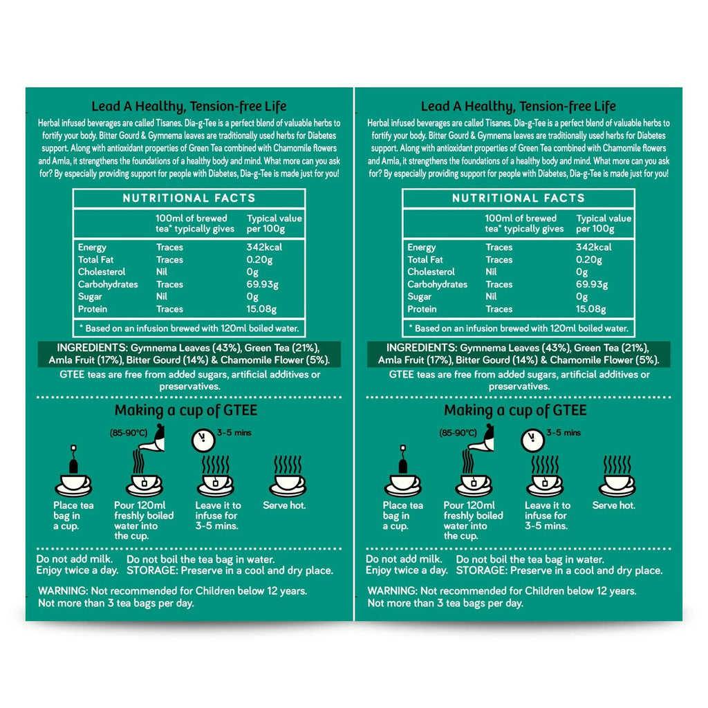 Gtee DIA-g-TEE Diabetic Friendly Tea with Gymnema, Bitter Gourd, Green Tea