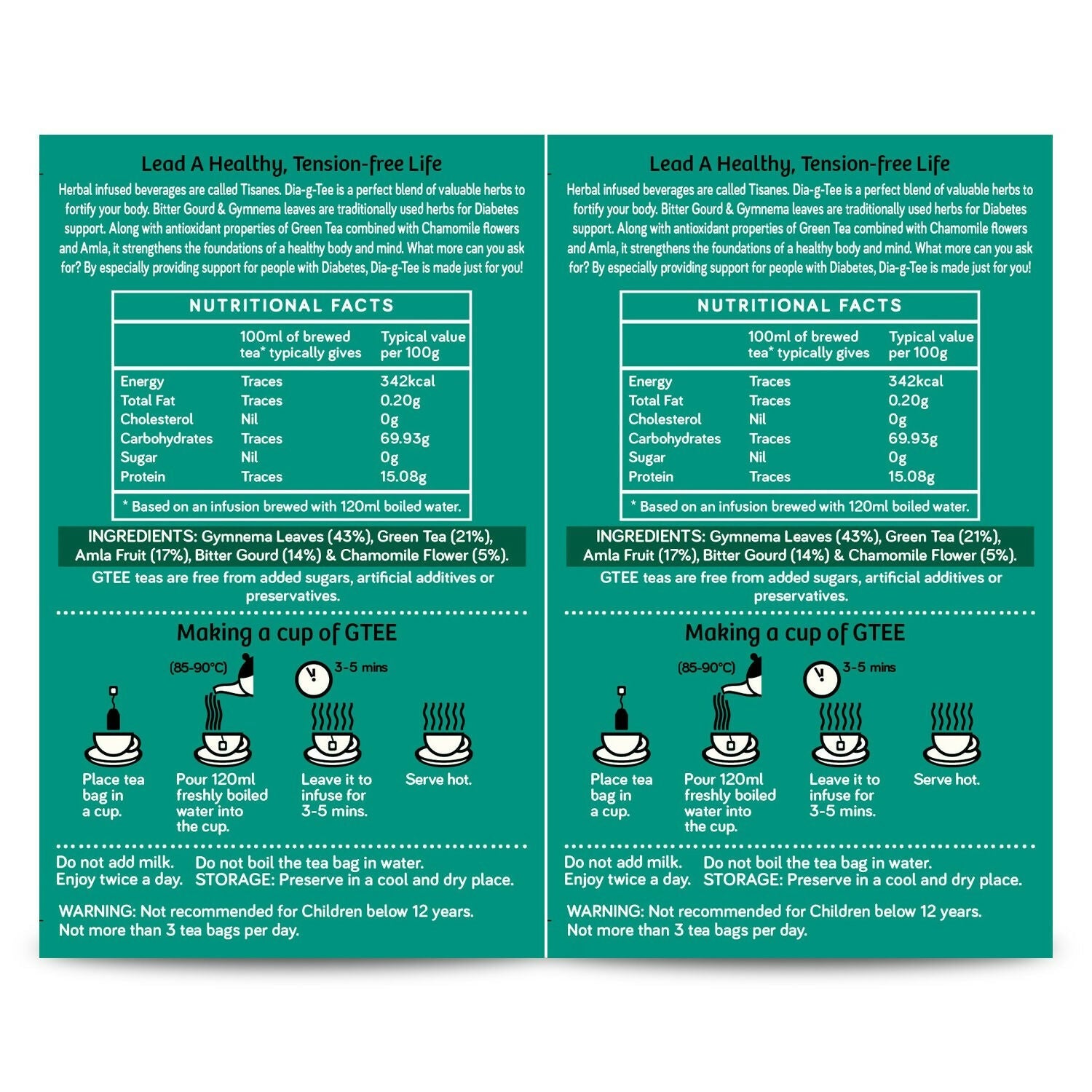 Gtee DIA-g-TEE Diabetic Friendly Tea with Gymnema, Bitter Gourd, Green Tea