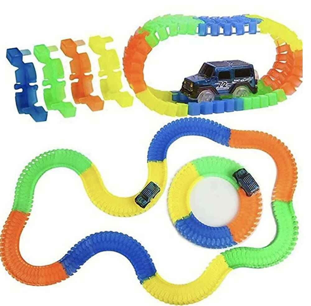 Kipa 2 Magic Race car with 238 Bend Flex and Glow Tracks, Plastic Magic 14 Feet Long Flexible Tracks Car Play Set for Kids (Multi Color)
