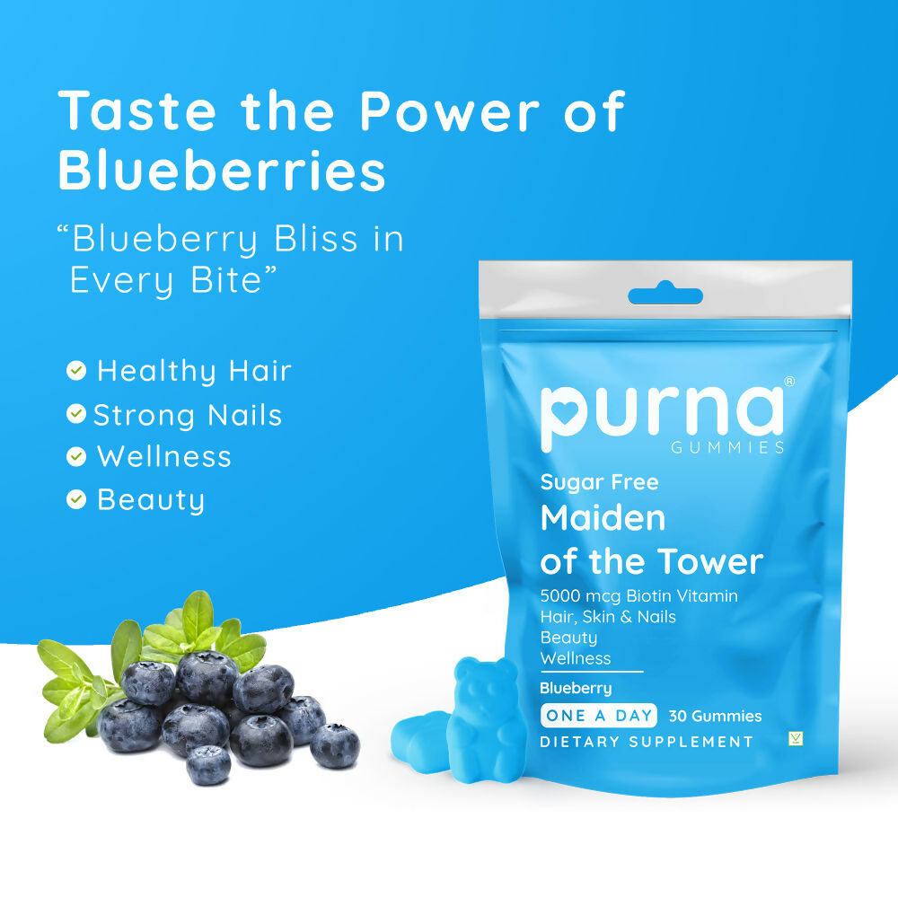 Purna Gummies Hair Biotin Blueberry Sugar Free Gummies with Vitamin B12 for Hair & Nails