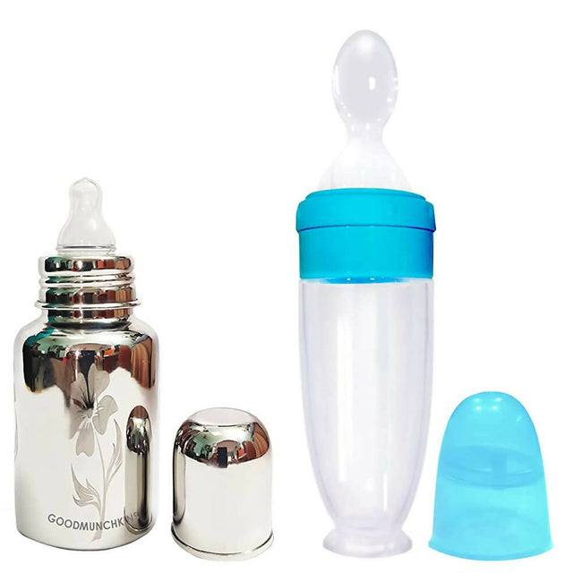 Goodmunchkins Stainless Steel Feeding Bottle for Baby Anti Colic Silicon Nipple Feeder 150 ml Combo Pack-Blue Hover Image