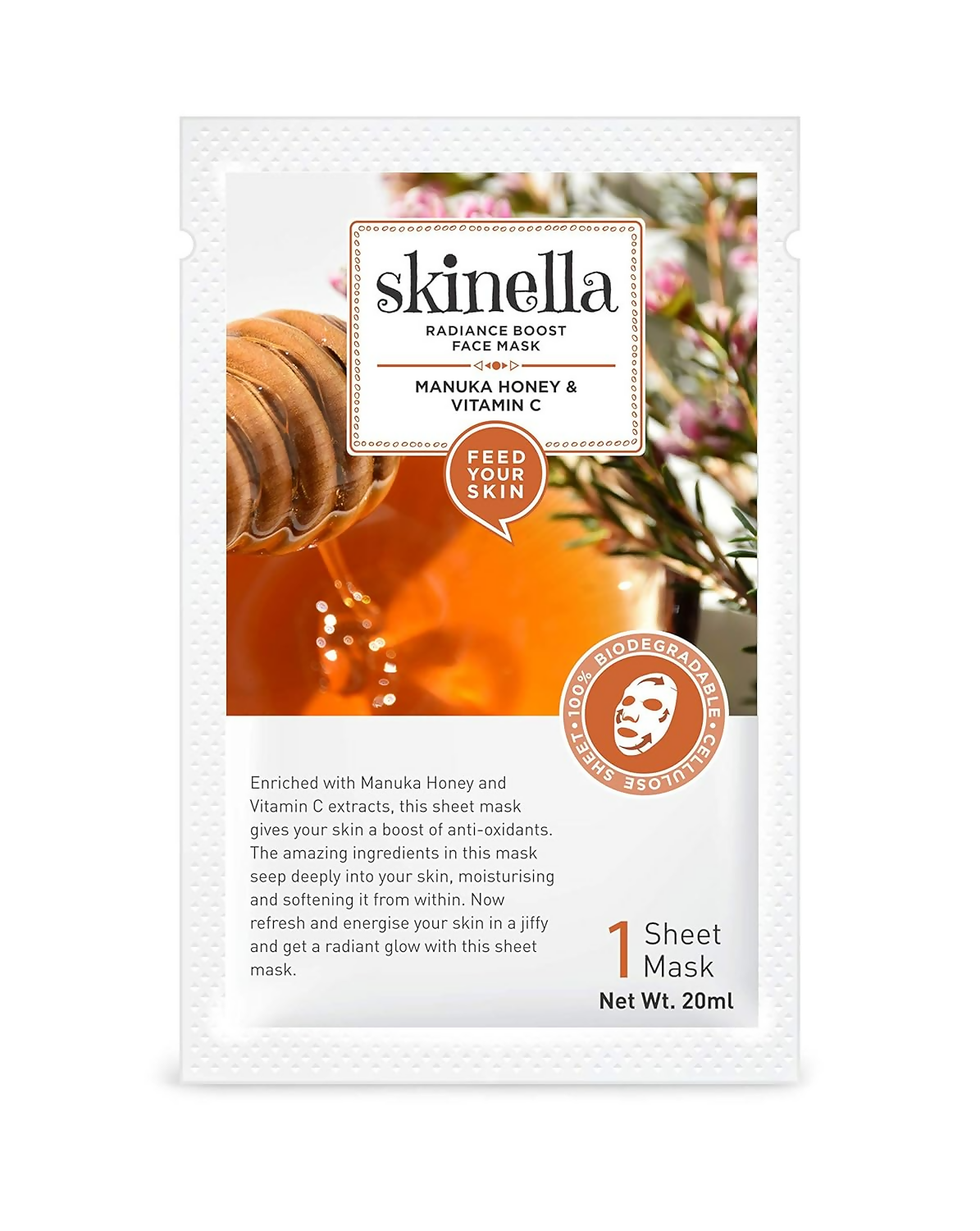 Skinella Radiance Boost Face Sheet Mask - Manuka Honey & Vitamin C
