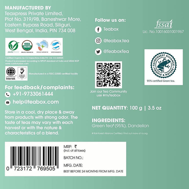 Teabox Organic Dandelion Green Tea Loose Leaves Main Image