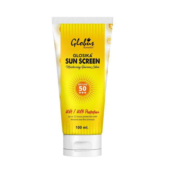 Globus Remedies Glosika Sunscreen Lotion, SPF 50 PA+++ Up to 12 hrs Protection Hover Image