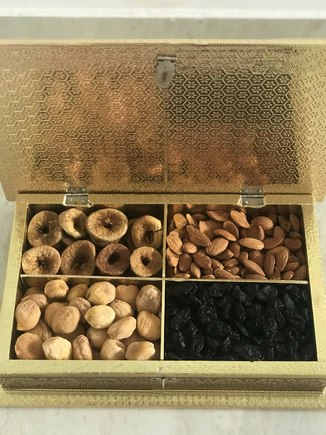 SK Mithaii | Assorted Rajasthani Elephant Design Dry Fruit Box | Almonds | Apricots | Figs | Black Resins |4 Partition Hover Image